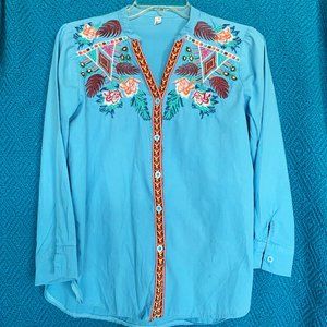 Blue button down blouse with embroidery